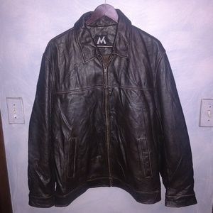 Distressed leather biker jacket, brand unknown.